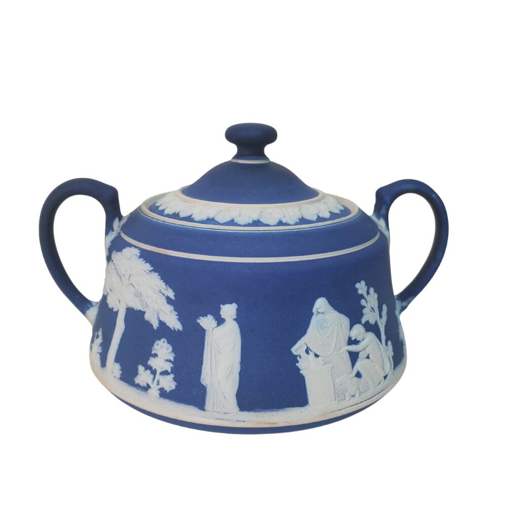 Rare Wedgwood Blue Jasperware Lidded Sugar Bowl – Classic White Relief